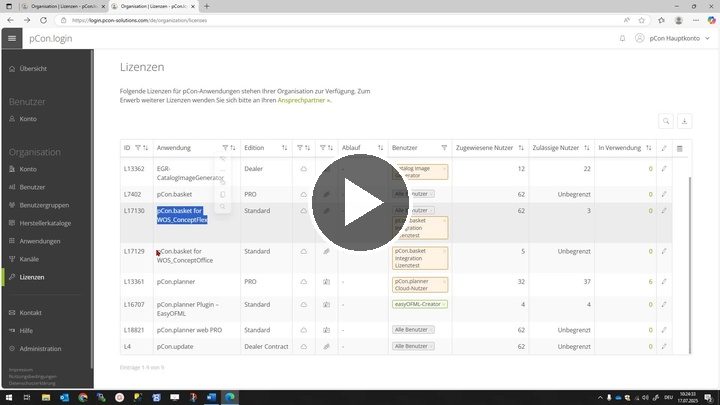 Video: „Wie weise ich eine pCon.basket Online Lizenz in pCon.login zu?“